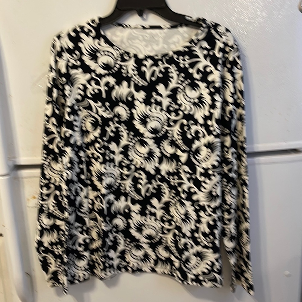 Kim Roger’s Black & White Print Cotton Top Long Sleeve Size Large